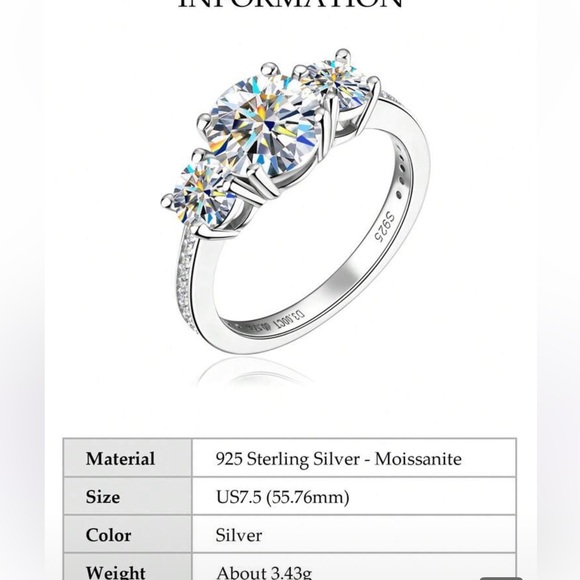 Moissanite Sterling Silver 925 Past, Present, Future Sparkling Ring (size 7.5) - Picture 7 of 7